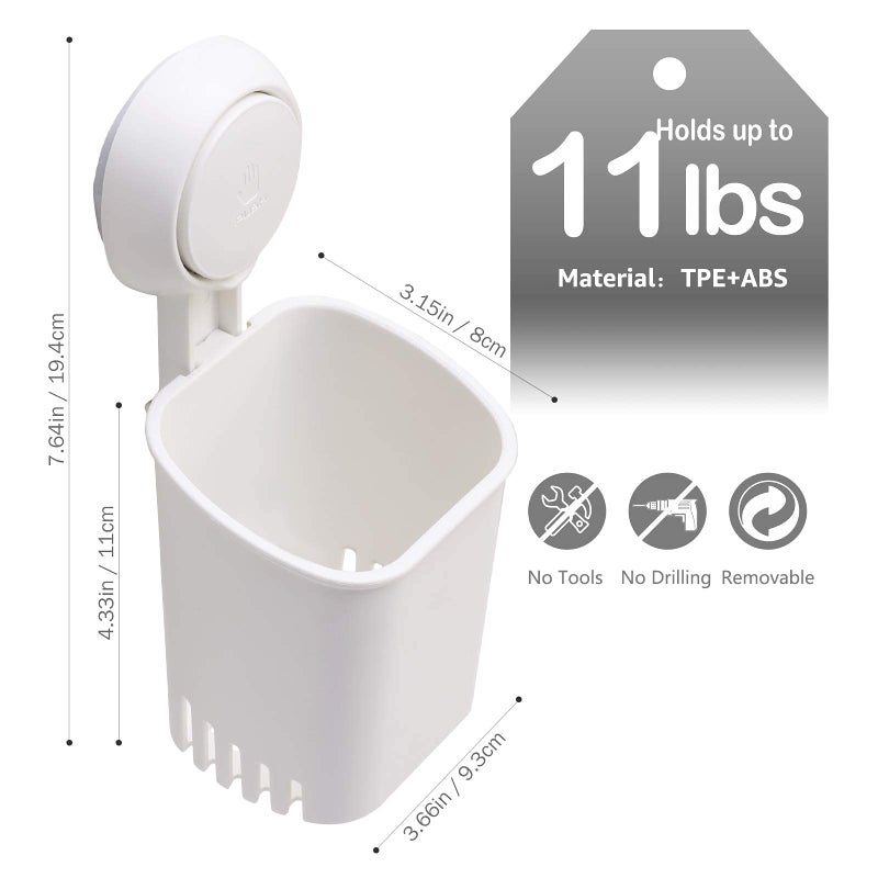 LEVERLOC Powerful Suction Cup Toothbrush Holder, Drill-Free Wall Shower Holder for Toothbrush, Toothpaste, Razor, Removable Suction Cup in Shower, Self-draining Kitchen Tableware Organizer, White - Image 3
